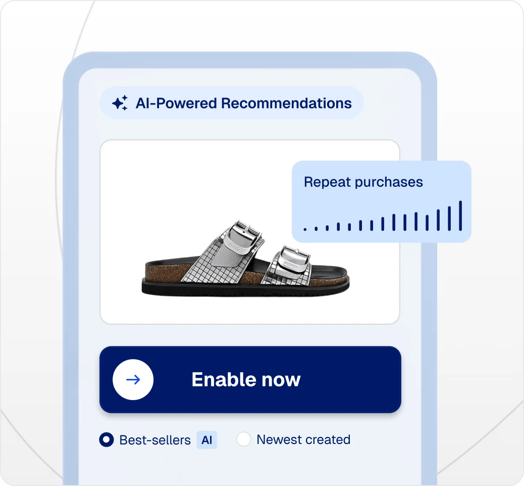 AI-powered recommendations module with "best-sellers" and "newest created" options