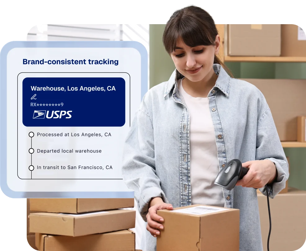 Branded tracking page with warehouse and USPS package details