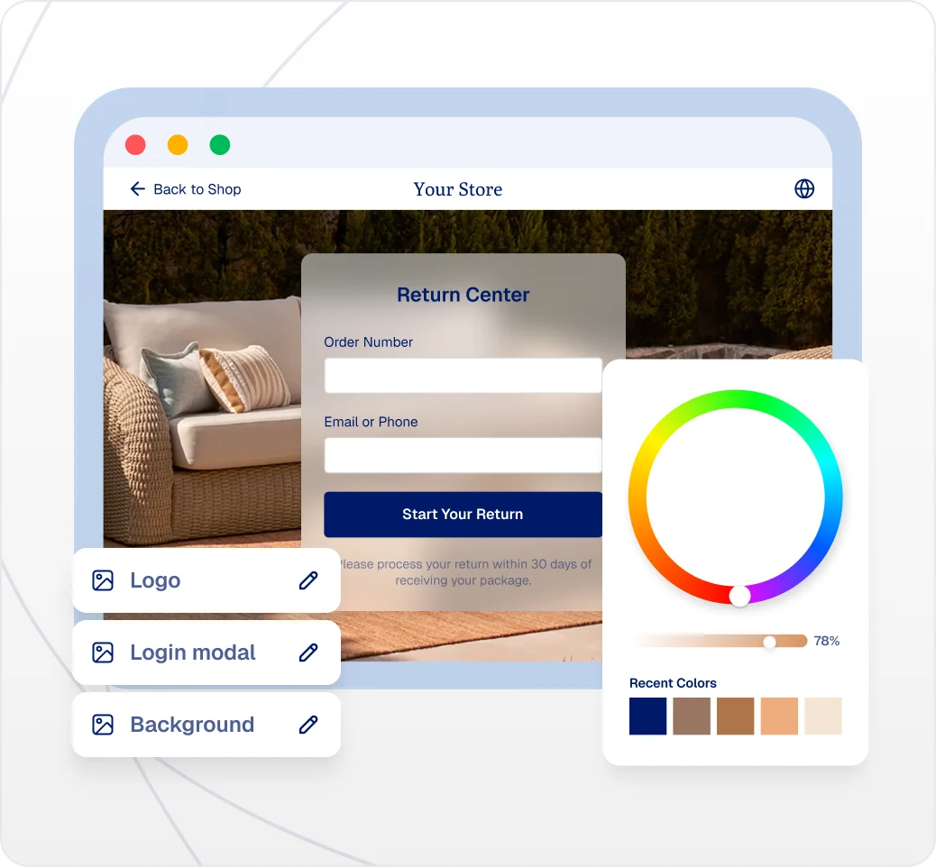 Branded return center with logo, login modal and color settings