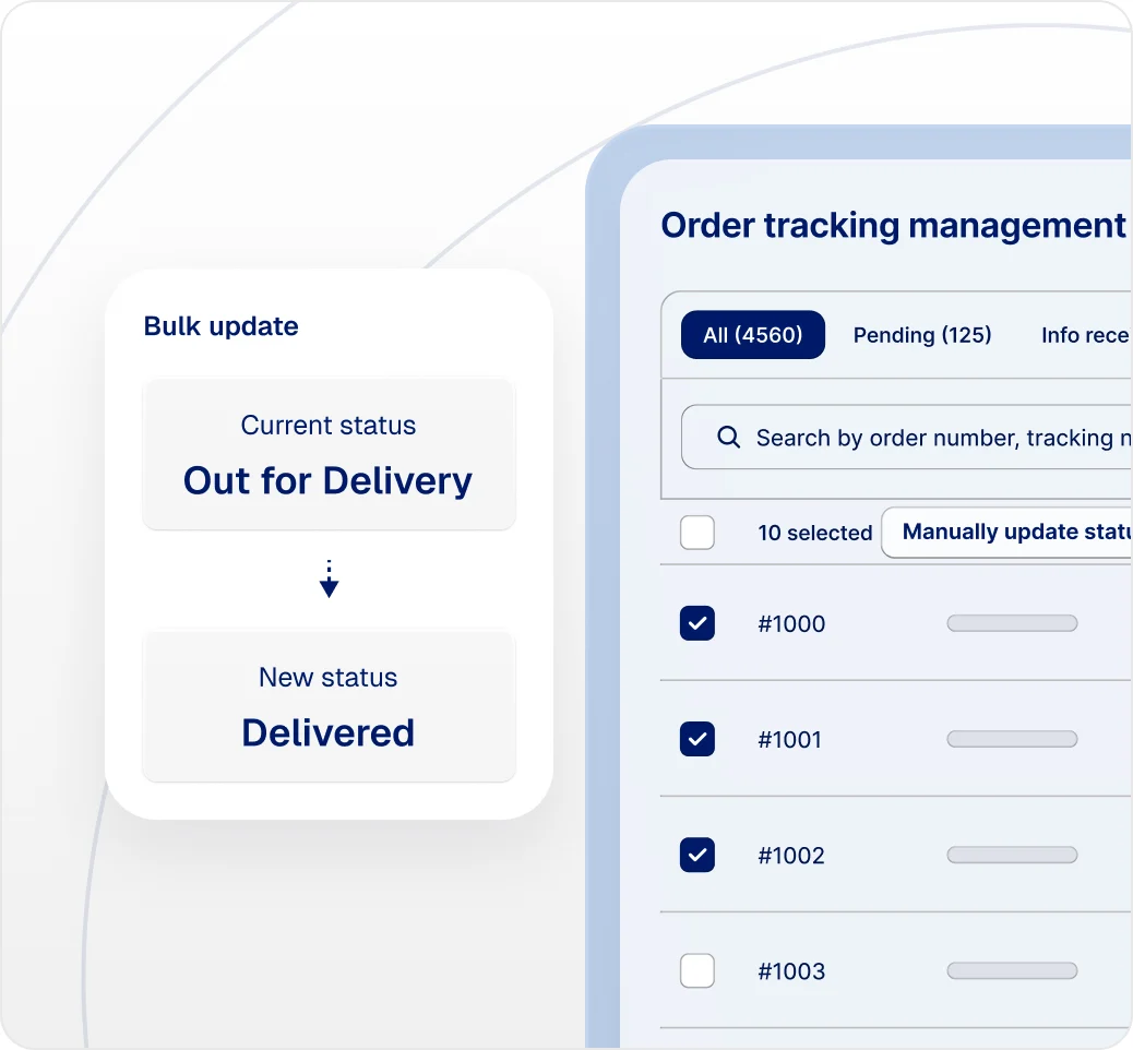Bulk update statuses of 10 selected shipments, from "Out for Delivery" to "Delivered"