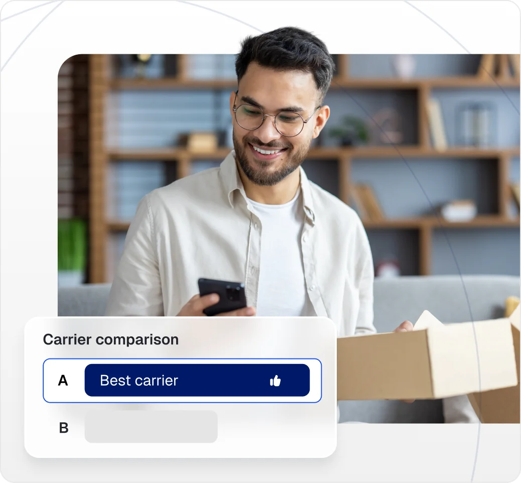 Carrier comparison card with best carrier selected by a merchant
