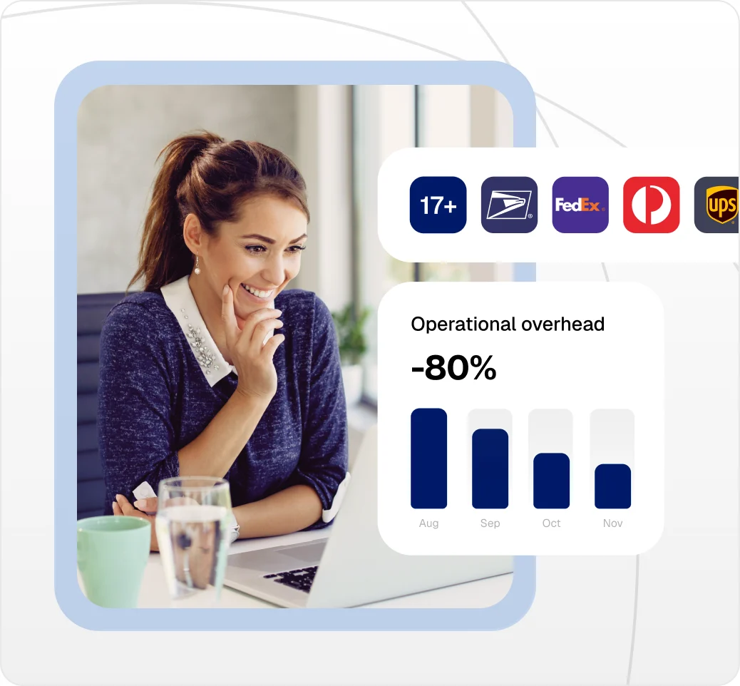 Merchant at a desk next to a carrier integrations dashboard