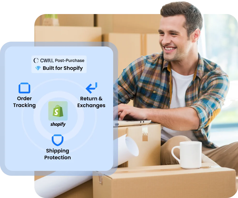 Built for Shopify badge beside a merchant packing orders
