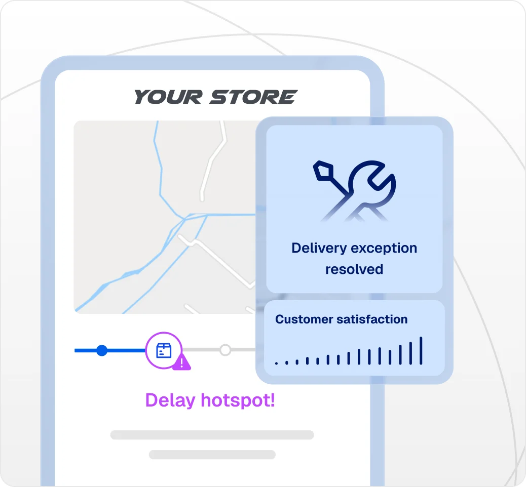 Delivery map with an identified delay hotspot and a resolved exception