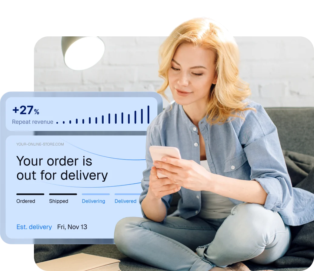 Out-for-delivery update with estimated delivery date under a chart with repeat revenue on the rise