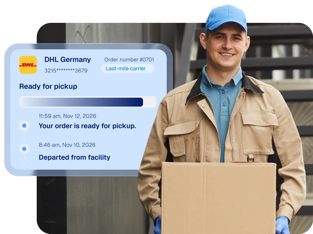 DHL Germany ready-for-pickup tracking update beside a courier