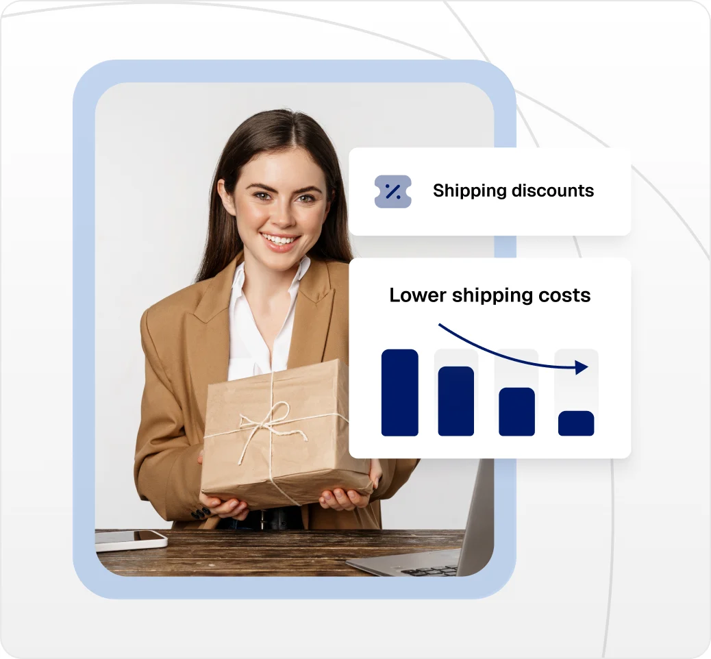 Falling shipping costs due to discounted shipping labels, alongside a merchant holding a package
