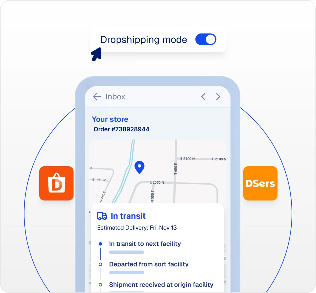 Dropshipping mode enabled for a branded shipping email with order-data synced from Dropshipman and DSers