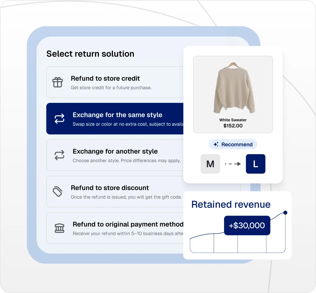The "Exchange for the same item" option is picked, with AI recommending a bigger size