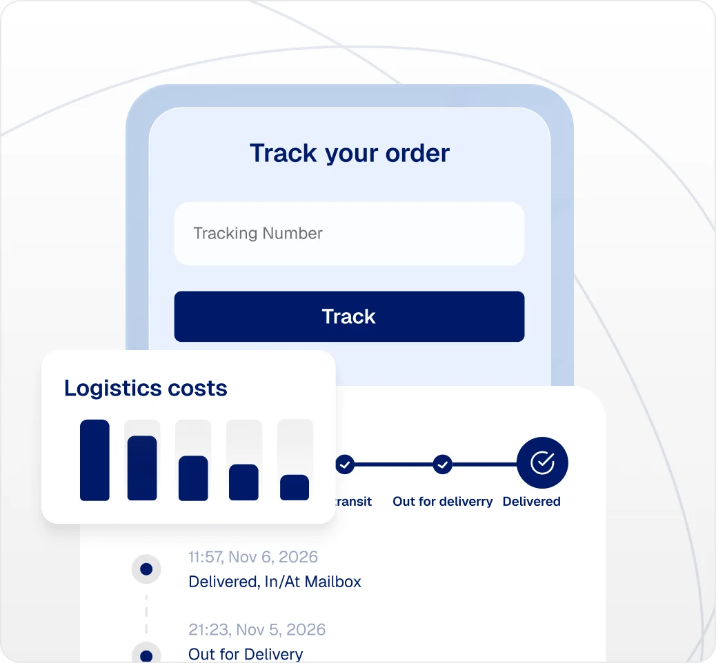 "Order delivered" update with a declining logistics-costs chart