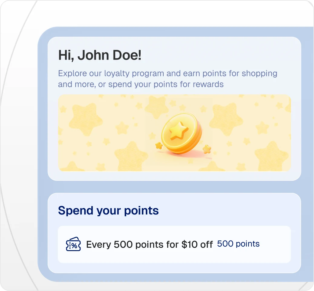 Shopper dashboard showing a points balance and redeemable rewards