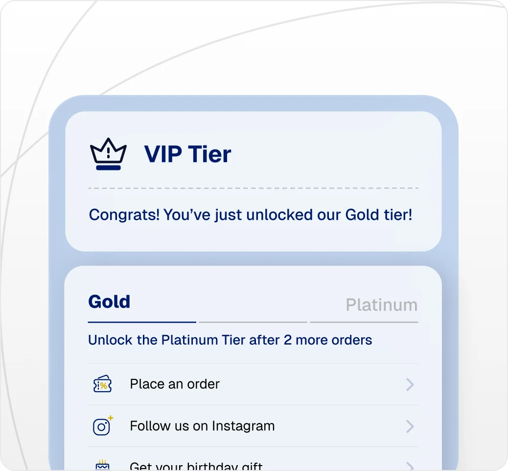 VIP tier loyalty program widget showing Gold tier unlock notification with progress toward Platinum, and earning actions including placing an order, following on Instagram, and birthday rewards