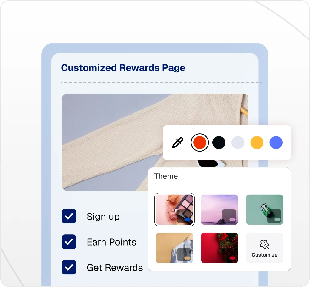 Branded loyalty rewards page builder with color picker and theme selector, showing Sign up, Earn Points, and Get Rewards steps for a customizable ecommerce loyalty program