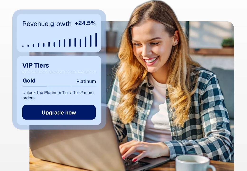 Loyalty program software dashboard showing 24.5% revenue growth and VIP tier progression from Gold to Platinum, alongside a smiling business owner on a laptop