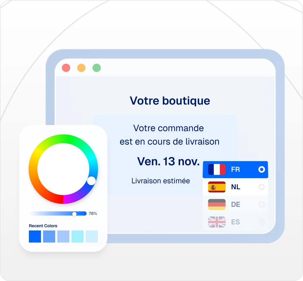 French shipping email template with color picker and language settings