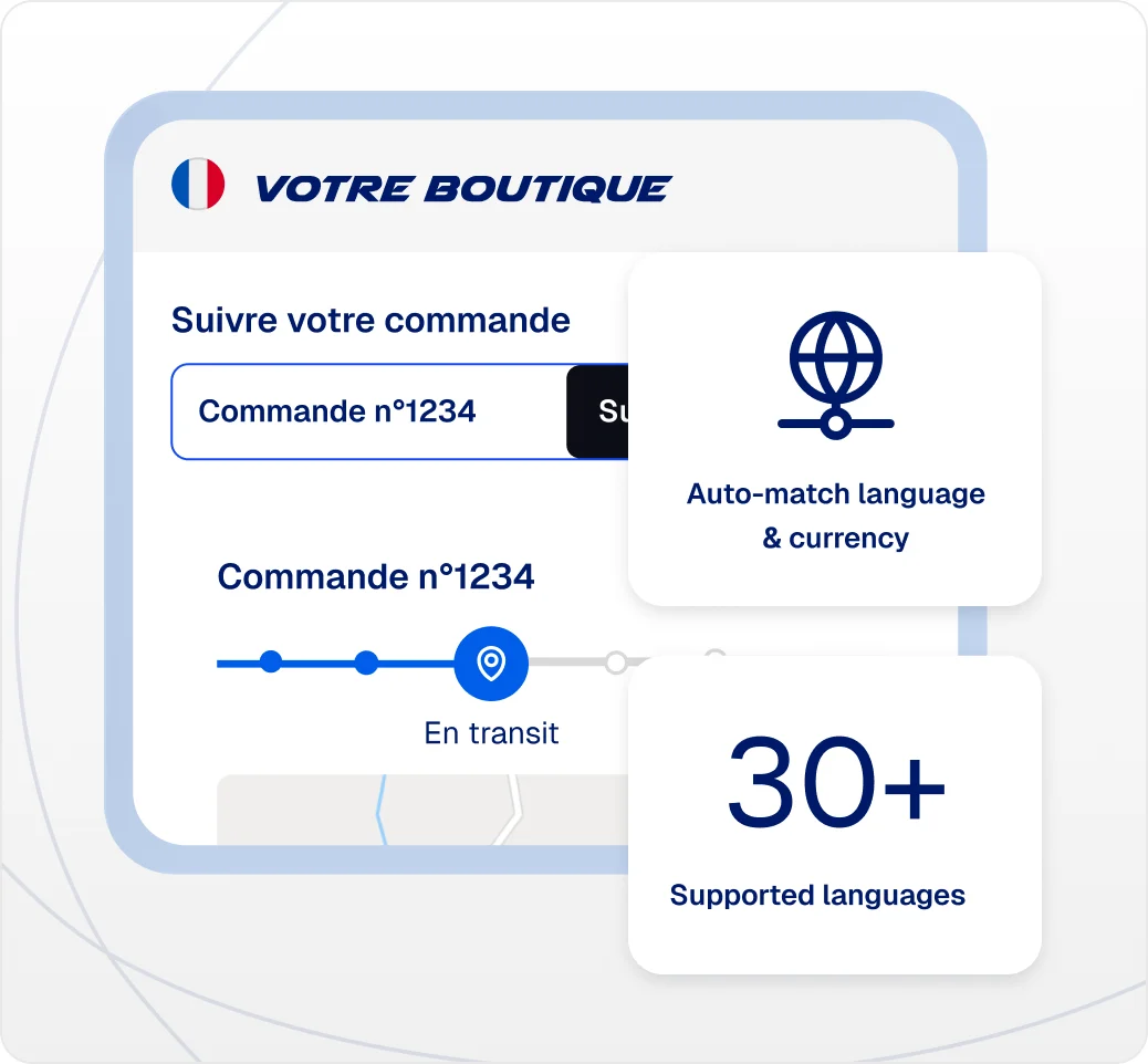 French tracking page with order lookup, language and currency settings and a "30+ supported languages" card