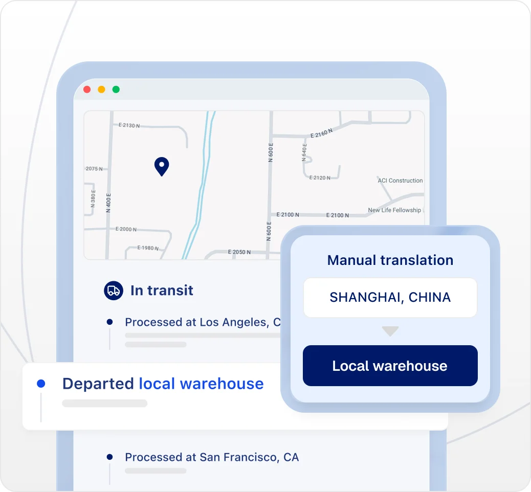 Manual translation feature replaces "Shanghai, China" with "Local warehouse"