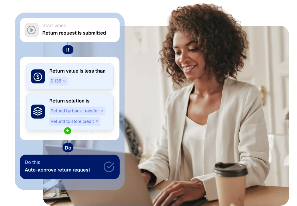 Merchant using a laptop beside a return workflow that auto-approves requests