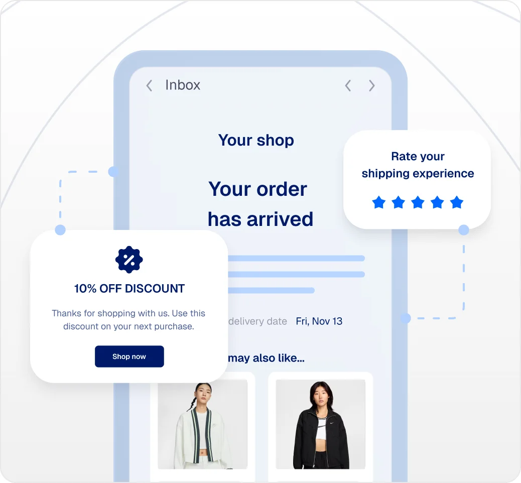 Order-arrived email with product recommendations and a 10% off discount