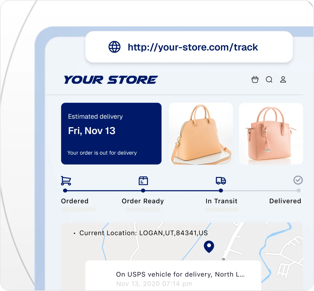 Branded tracking page on your-store.com showing the estimated delivery date, order progress and live map location