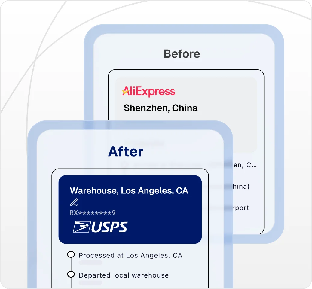 Before and after: a Shenzhen supplier origin replaced by a Los Angeles warehouse with USPS on the tracking page