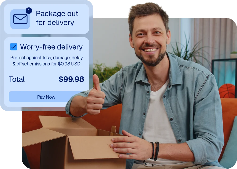 Package out for delivery and worry-free delivery cards over a smiling shopper unboxing his order