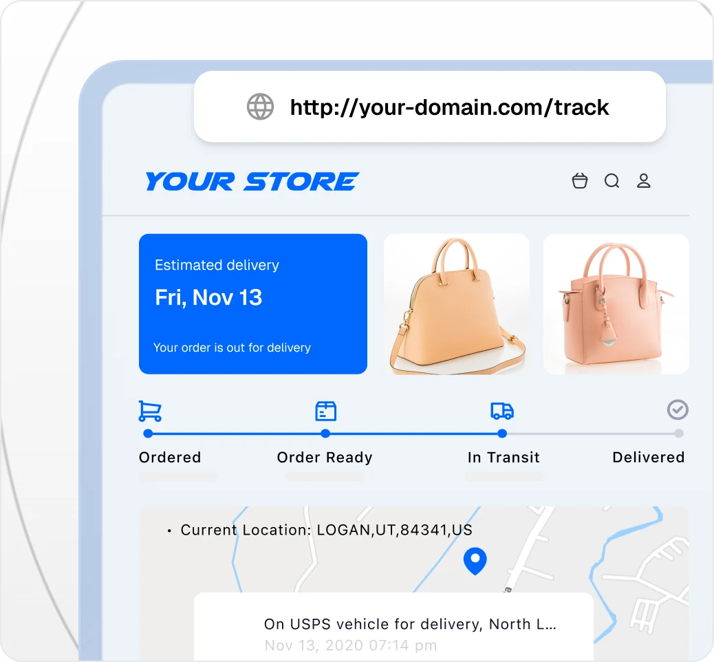 Branded tracking page on your-domain.com showing the estimated delivery date, order timeline and live map location