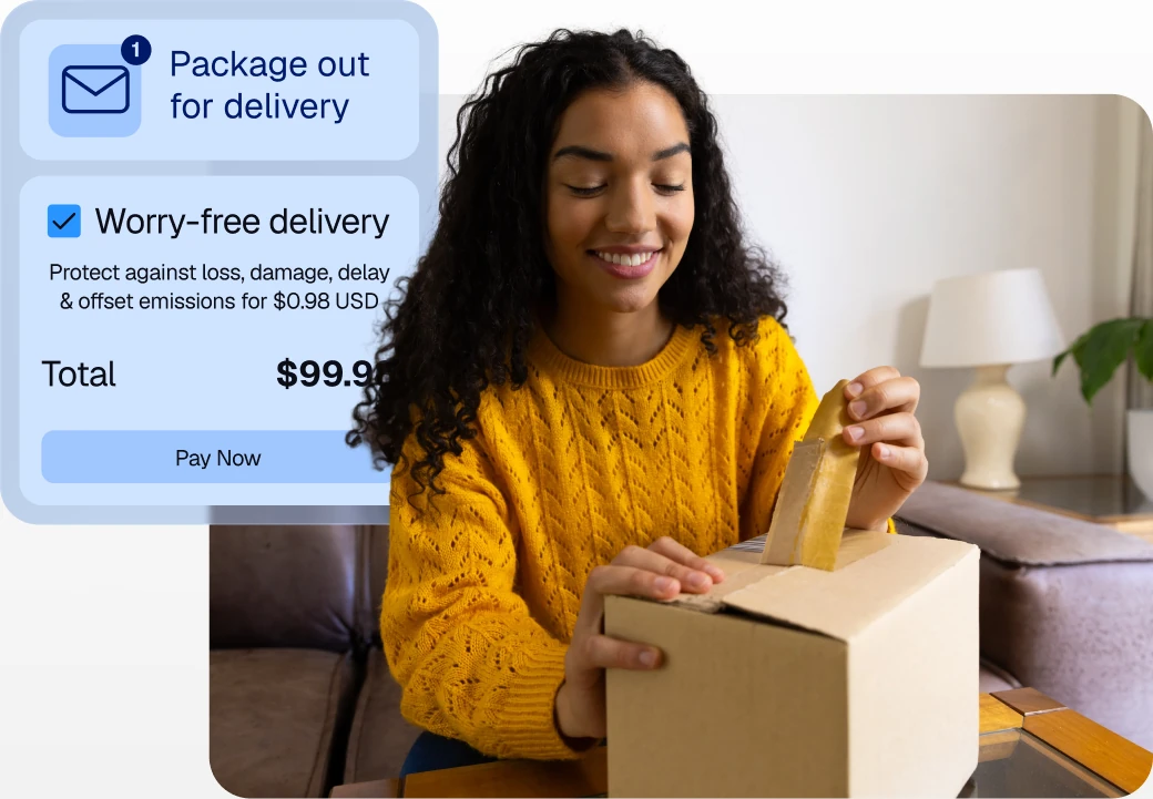 CWILL delivery notification and worry-free delivery cards over a customer opening a package