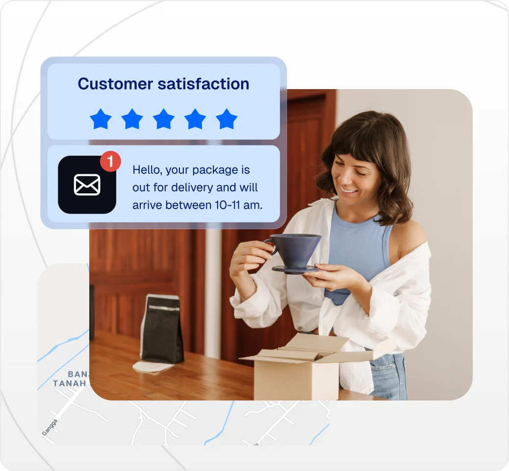 Out-for-delivery notification beside a customer opening a package