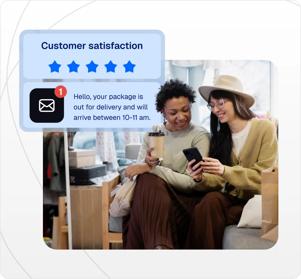 Out-for-delivery update beside two customers checking a phone