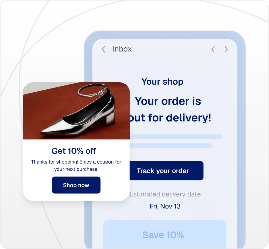Out-for-delivery email with a 10% off coupon code and a "Shop now" button
