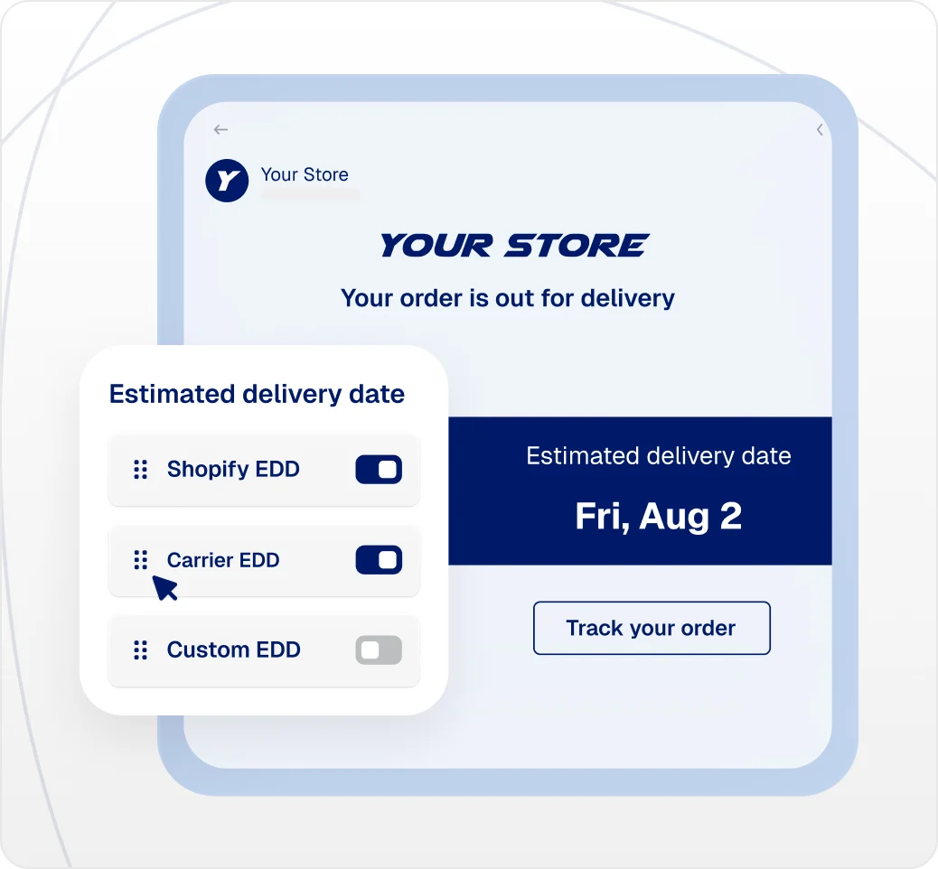 Shopify, carrier, and custom estimated-delivery-date settings over a tracking page