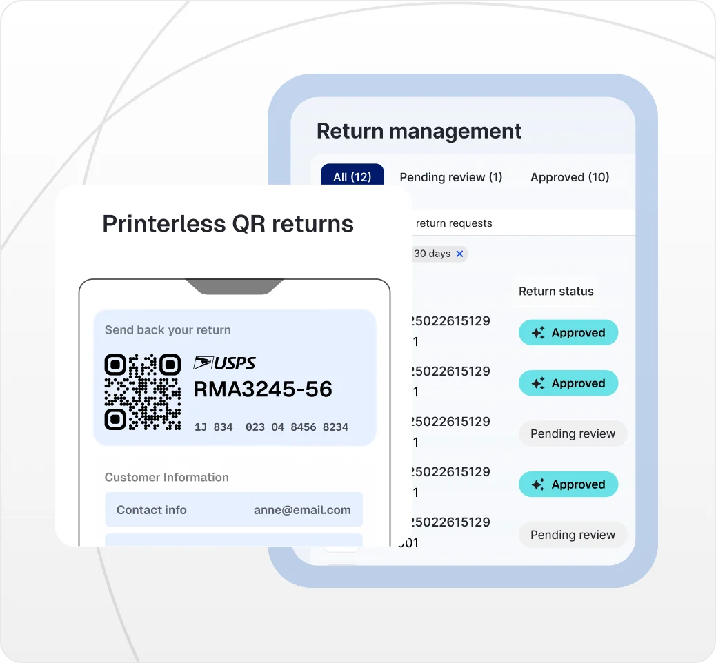 Auto-approved return requests on a return management dashboard next to an auto-created return label