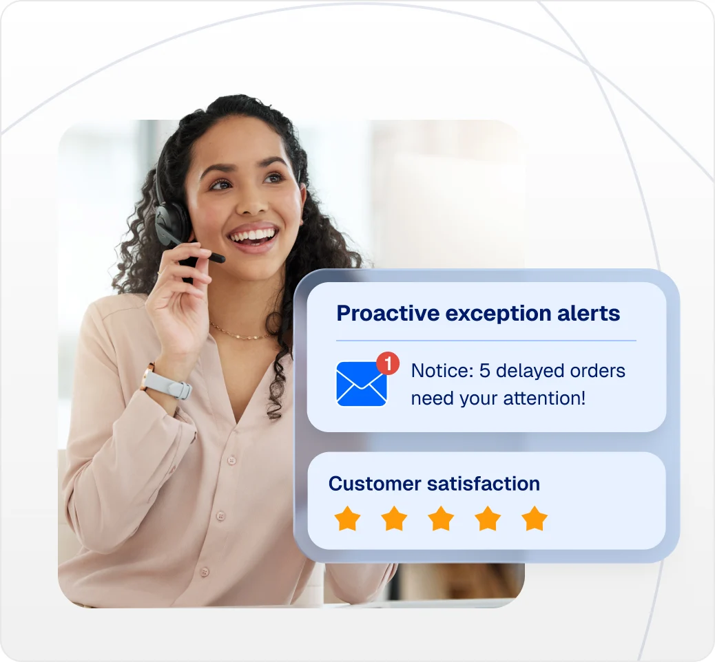 Delivery exception alert for five delayed orders beside a support agent