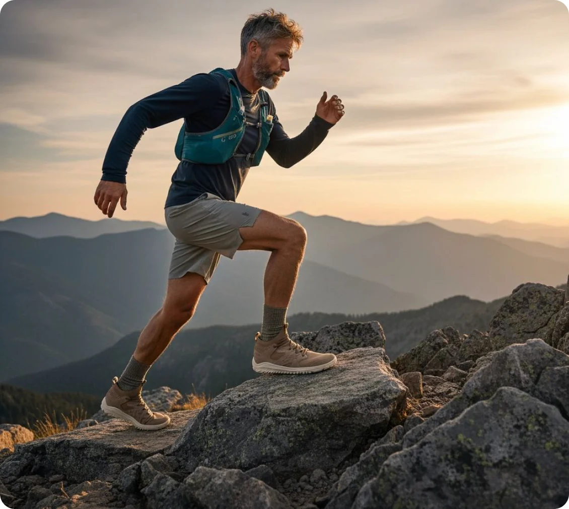Hiker in Hike Footwear boots climbing a ridge at sunrise