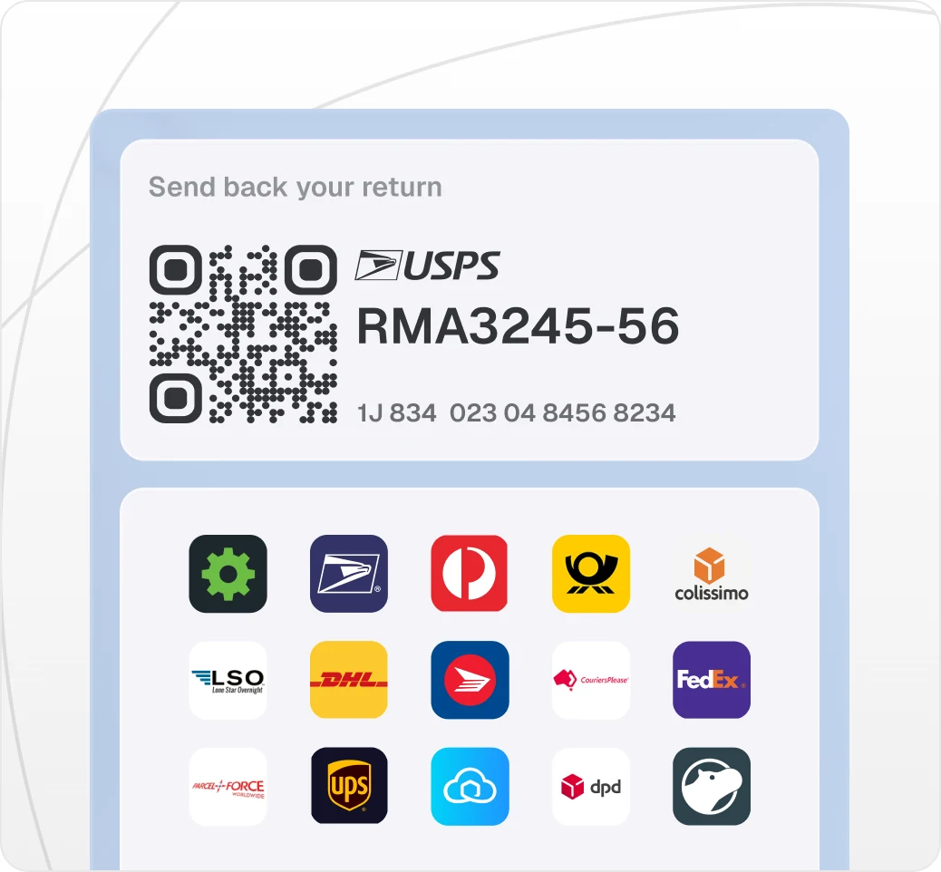 Returns management software shipping label with QR code and USPS tracking number, alongside a carrier integration grid including DHL, FedEx, UPS, Parcelforce, DPD, and Colissimo