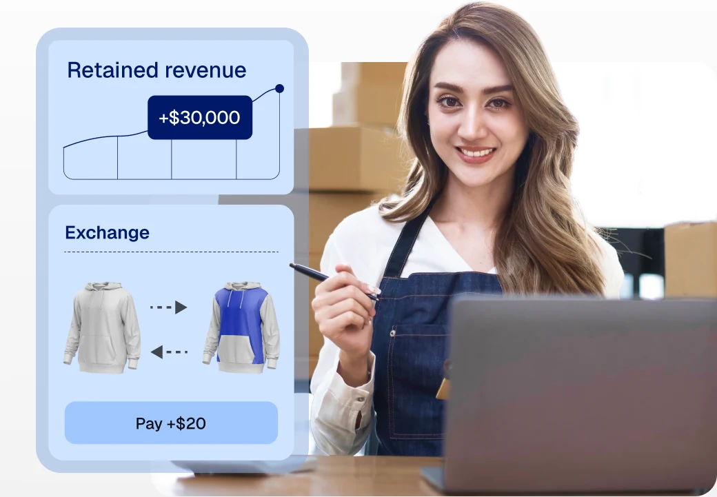 Returns management software dashboard showing $30,000 in retained revenue and a product exchange flow, alongside a smiling ecommerce business owner at a laptop in a fulfillment warehouse