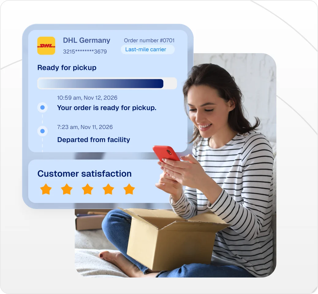DHL ready-for-pickup update beside a customer opening a package