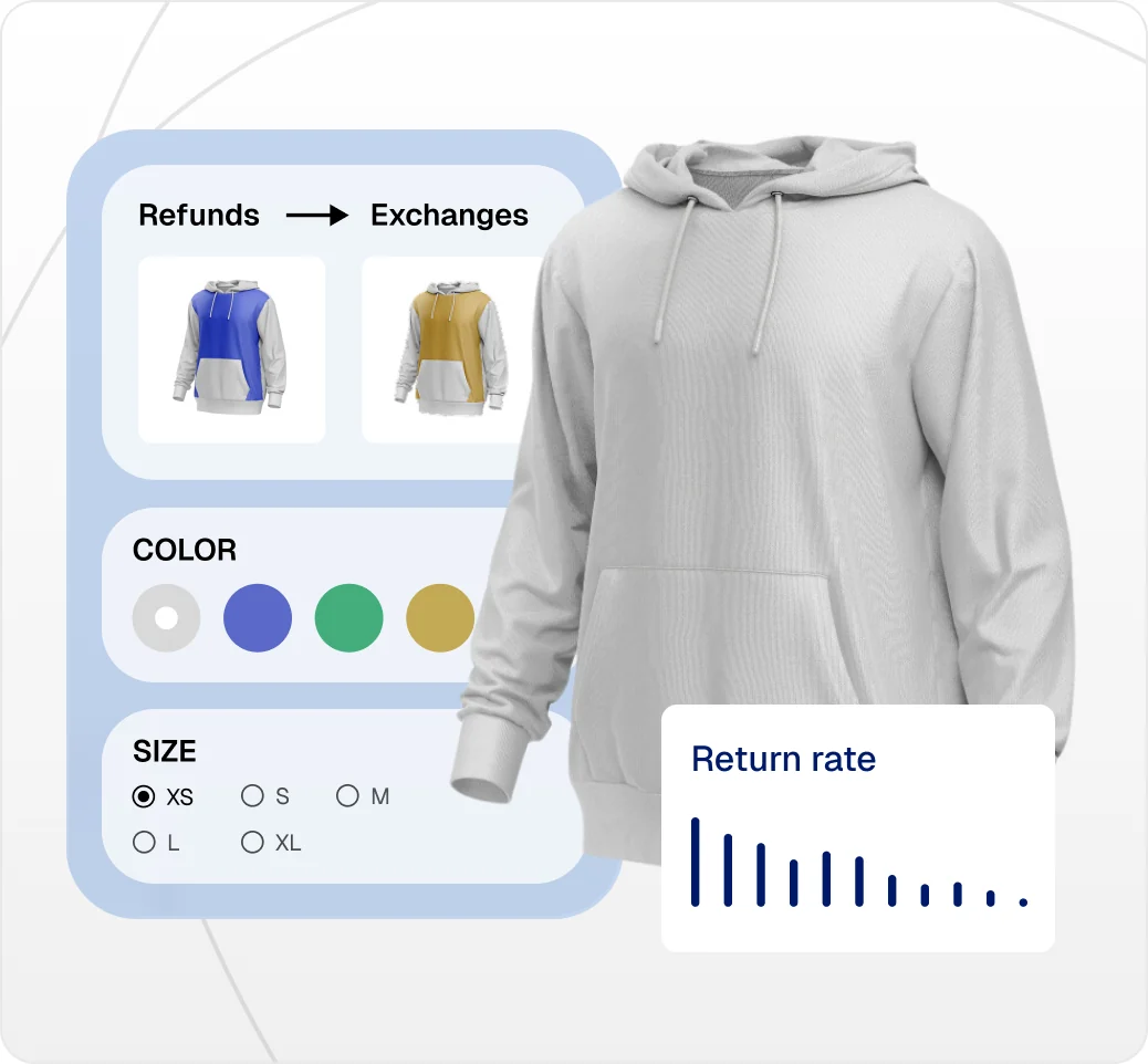Exchange screen with size and color options for lowering return rate