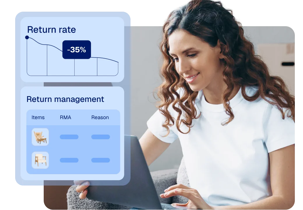 Returns management dashboard and return rate chart alongside a merchant at a laptop