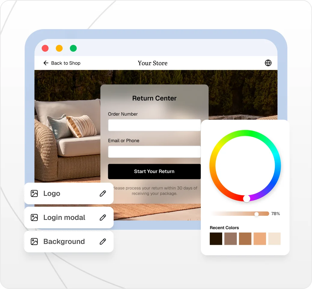 Return center customization with logo, login modal and background settings and a brand color picker