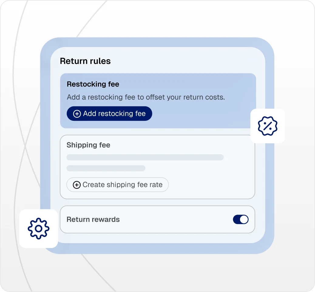 Return rules panel for setting restocking fees, shipping fees, and return rewards