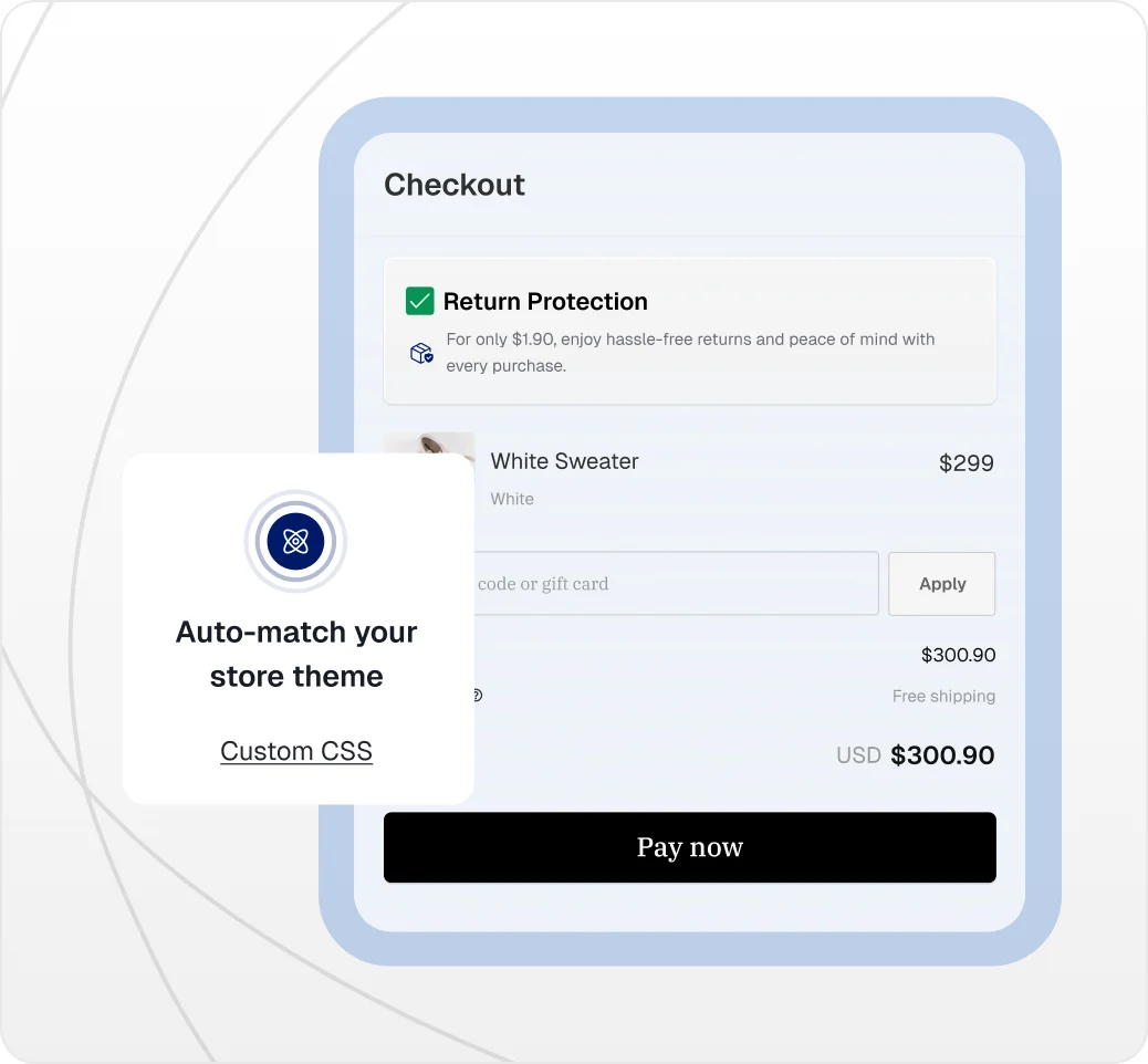 CWILL's return protection widget shown at checkout auto-matches Shopify store themes