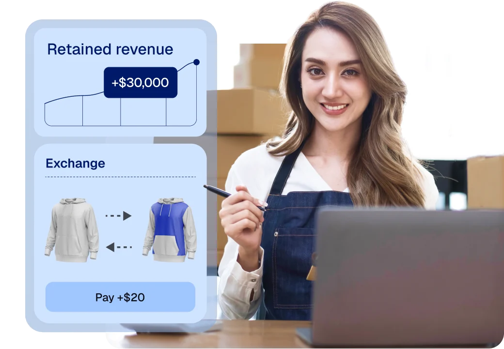 Returns management software showing $30,000 in retained revenue and a hoodie exchange, next to a smiling store owner at her laptop