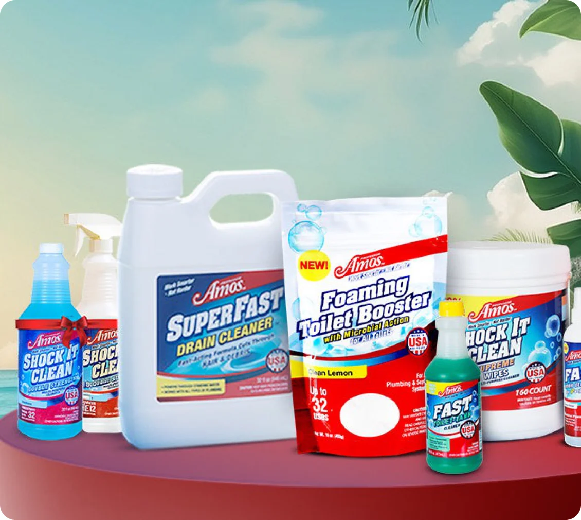 Professor Amos cleaning products lined up on a counter