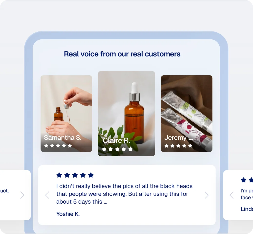 Ecommerce product reviews widget displaying customer-submitted photos of skincare products with five-star ratings and a scrollable review carousel