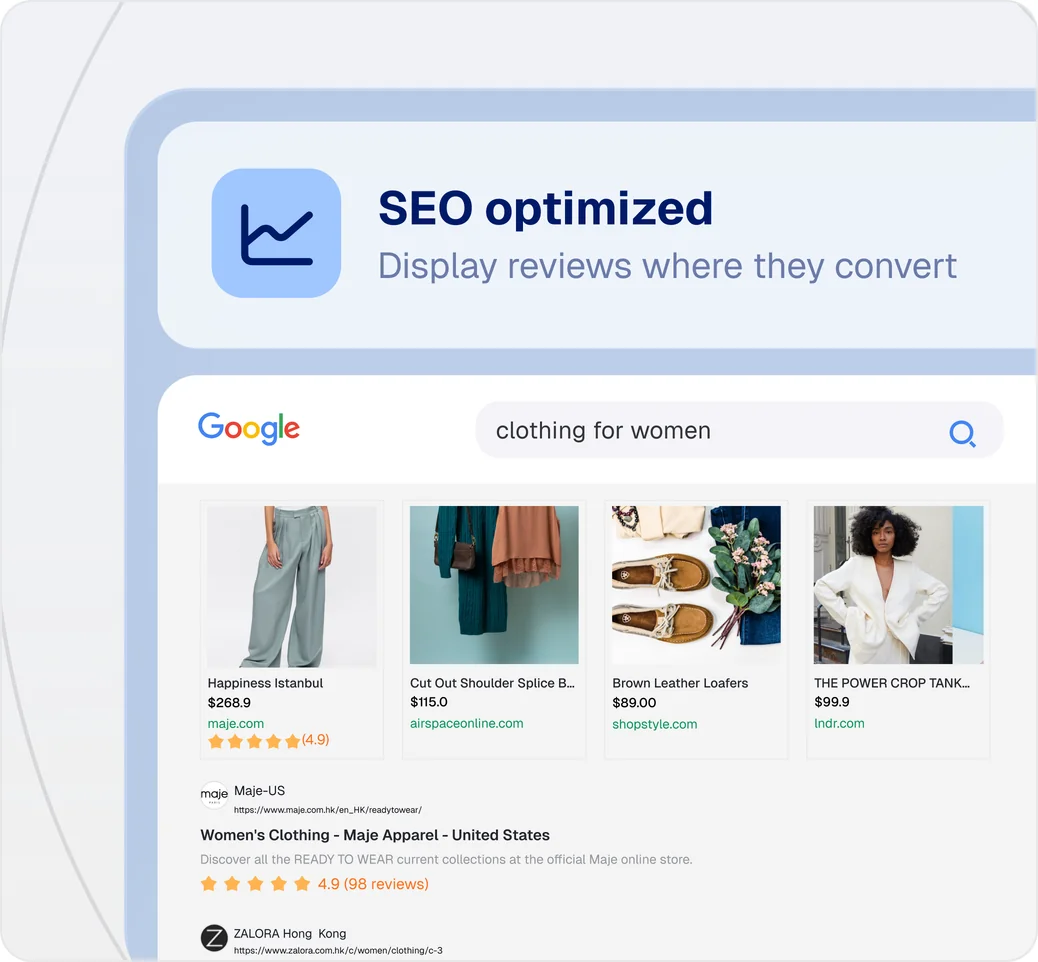 Google search results showing star ratings and review counts in organic listings, illustrating how SEO-optimized ecommerce product reviews improve search visibility
