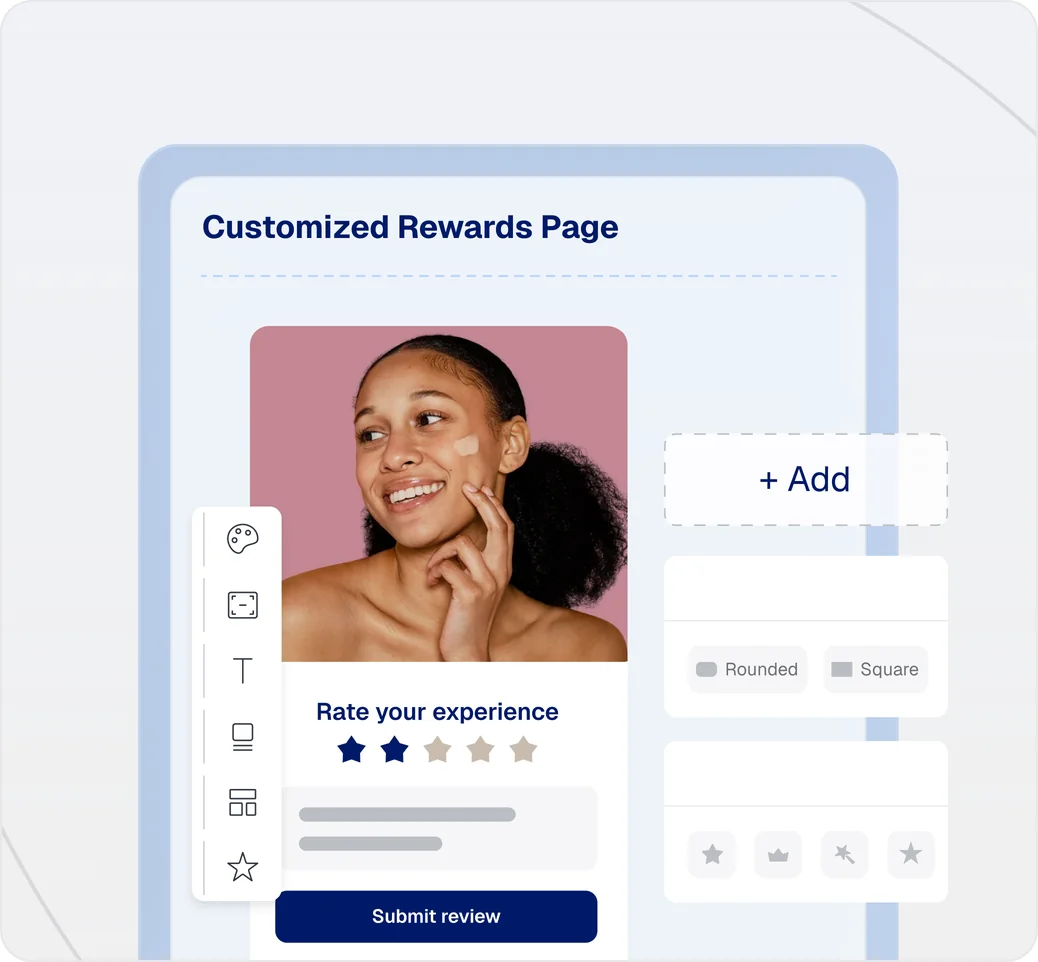 Customizable review request page builder showing a branded rewards page with star rating input, custom image upload, and style options for ecommerce product reviews
