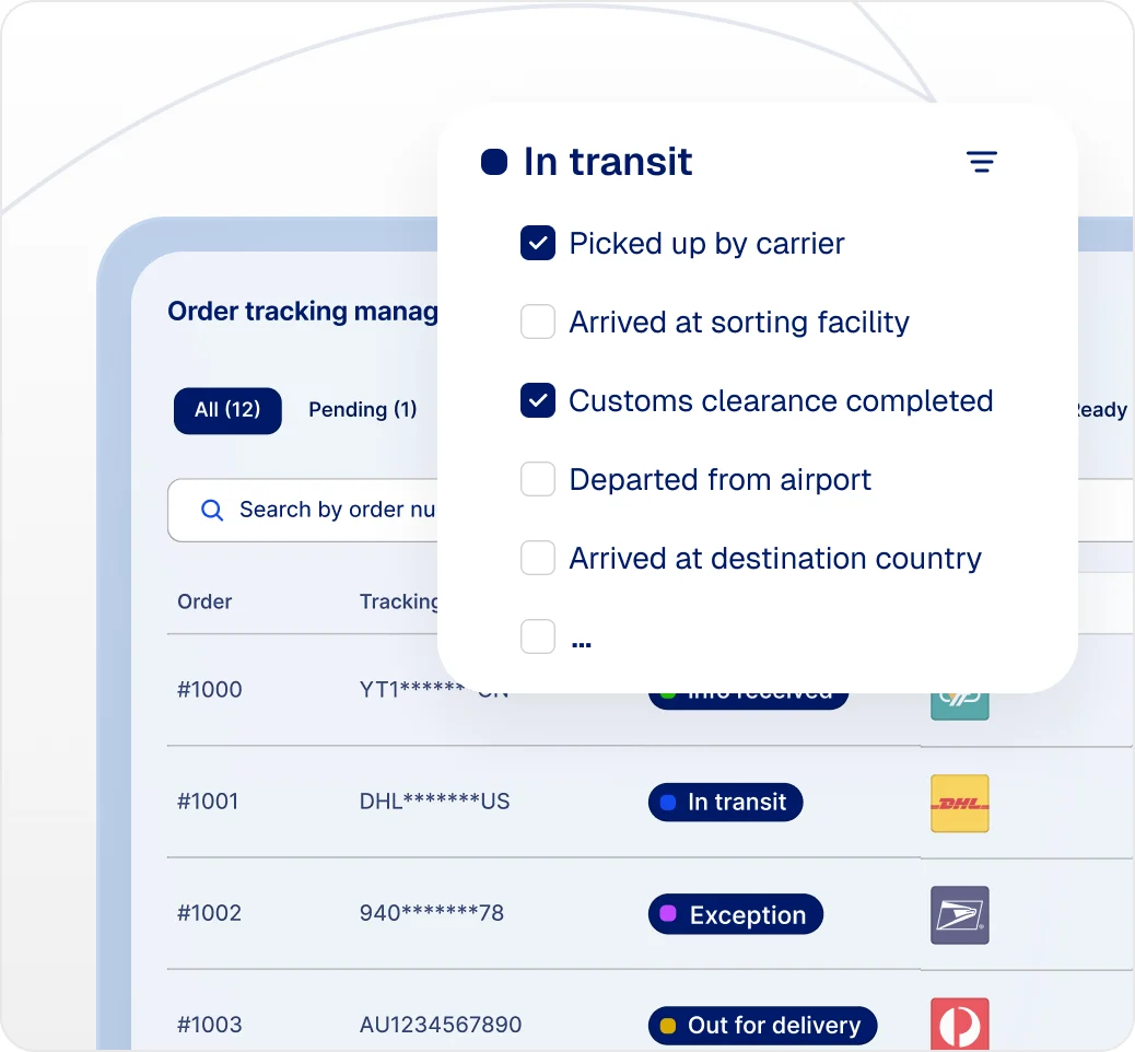 Order tracking management dashboard with status and sub-status filters