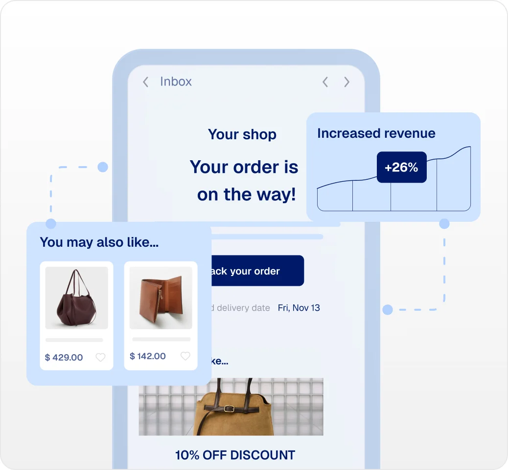 Shipping update email embedded with product recommendations and a 10% off discount